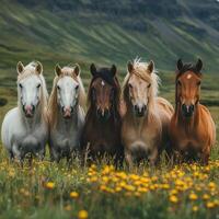 Four icelandic horses standing in a field of yellow flowers photo