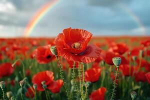 Red poppies blooming in field with rainbow vibrant poppy flowers in nature's colorful display photo