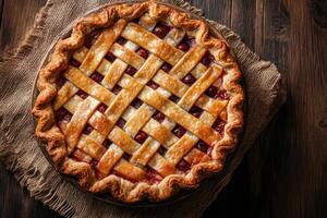 Delicious fig pie baking on wooden table with lattice crust photo