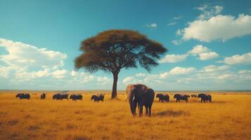 Elephants roaming in the african savanna under a majestic tree photo