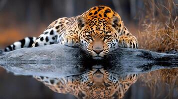 Leopard resting on rock with reflection in water photo