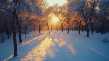 Golden sunlight shining through snowy trees in winter park photo