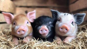 Three piglets resting on straw in a wooden enclosure photo