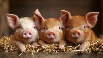 Three piglets resting on straw in a barn photo