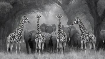 Herd of elephants and giraffes standing together in black and white photo