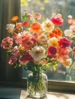 Colorful bouquet of flowers resting on a windowsill, illuminated by sunlight photo