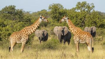 Two giraffes facing each other with elephants in background in african savanna photo