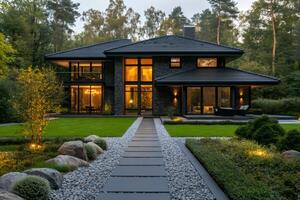 Modern luxury house exterior with illuminated garden and pathway at dusk photo