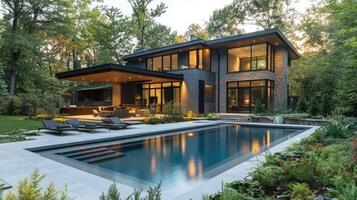 Modern luxury home with swimming pool and landscaped backyard surrounded by forest photo