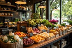 Fresh produce and baked goods displayed on counter in bakery or grocery store photo