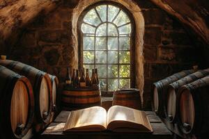 Open book in an old cellar with wine barrels near a window showing a vineyard photo