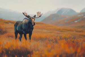 Moose standing in autumn field with mountains in background photo