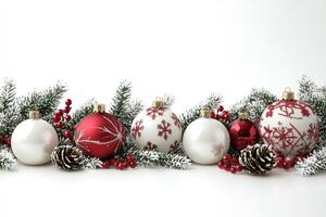 Christmas border with red and white ornaments, pine cones and snowy branches creating a festive atmosphere photo