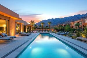 Luxurious resort with illuminated pool at twilight in a desert landscape photo