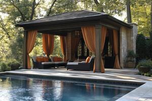 Luxurious gazebo overlooking tranquil swimming pool in backyard oasis photo
