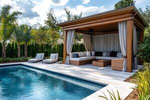Luxurious gazebo overlooking inviting swimming pool in backyard oasis photo