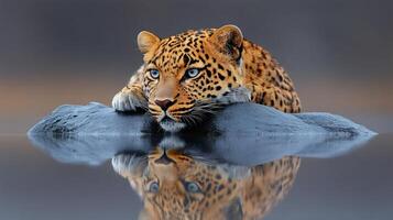 Leopard resting on rock with reflection in water photo