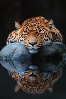 Leopard sleeping peacefully on rock with reflection in water photo