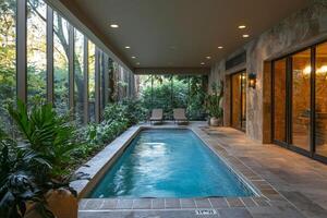 Luxurious indoor swimming pool surrounded by tropical greenery and stone walls photo