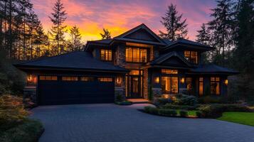 Luxury home exterior with illuminated windows at sunset in a wooded setting photo