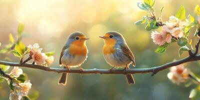 Two robins perched on a flowering branch in spring sunlight photo