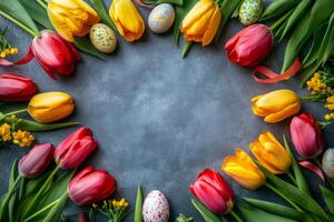Colorful easter eggs and tulips creating a frame on dark background photo