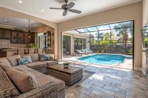 Living room opening onto patio with swimming pool and screen enclosure photo