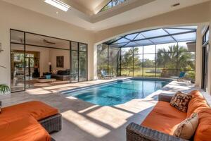 Indoor swimming pool overlooking golf course in luxurious home photo