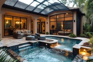 Luxurious florida pool area illuminating relaxation and tropical vibes photo