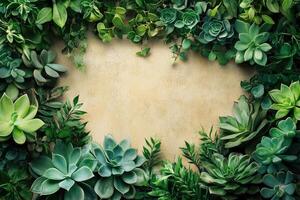 Green succulents frame creating empty space on beige background photo