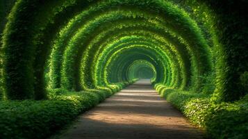 Magical green tunnel of love creating a romantic archway in the park photo