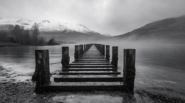 Old wooden pier stretching into misty lake with snowy mountains in scotland photo