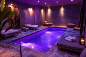 Relaxing spa pool area with purple lighting and lounge chairs photo