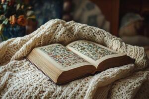 Open antique book showing embroidered flower patterns resting on knitted blanket photo