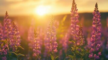 Blooming lupine flowers at sunset creating a magical landscape photo