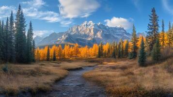 Hiking trail leading towards majestic snow-capped mountain through golden larch trees in autumn photo