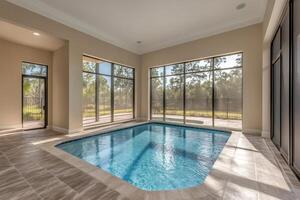 Indoor swimming pool with large windows overlooking tropical garden photo