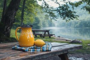 Refreshing lemonade by the lake pitcher and lemon resting on a wooden table photo