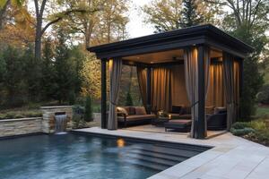 Luxurious gazebo illuminating the night by the poolside photo
