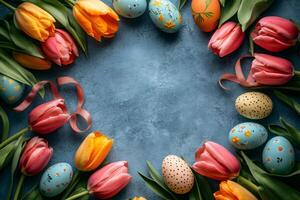 Easter eggs and tulips creating a frame on a blue background photo