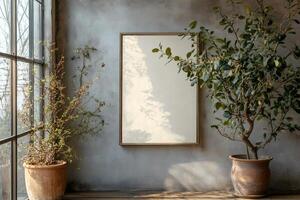 Empty frame mockup hanging on rustic wall with plants and sunlight creating shadows photo