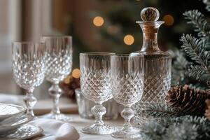 Crystal wine glasses and decanter sparkling on christmas table setting photo