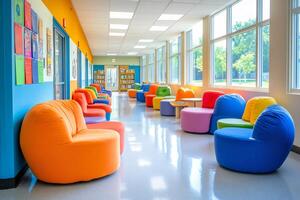 Colorful reading area inviting students to relax and learn in modern school library photo