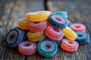 Colorful gummy rings resting on rustic wooden surface photo