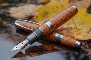 Elegant wooden fountain pen resting on wet surface with autumn leaves photo