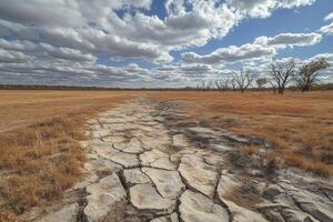 Dry cracked soil stretching across a parched field under cloudy sky photo
