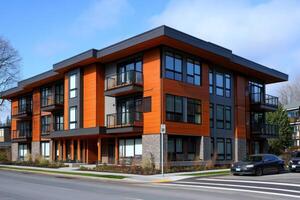 Modern apartment building with balconies and large windows on a sunny day photo