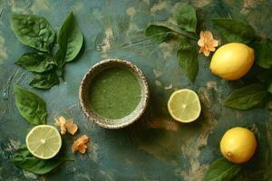 Green smoothie bowl with spinach, lemon and flowers on rustic background photo