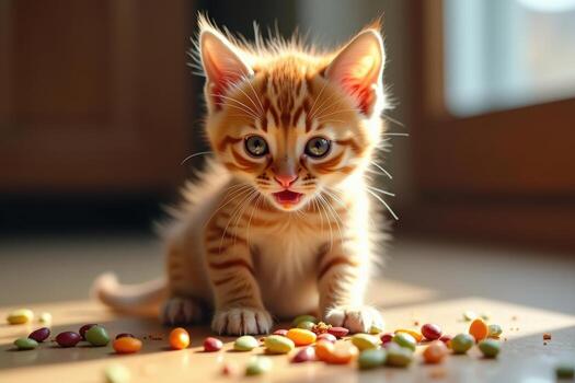 A kitten is sitting on the floor with a bowl of food photo