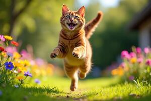A cat running through a field of flowers photo